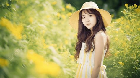 فتاة آسيوية جميلة تقف في حقل زهور مع قبعة فتاة صحية ولطيفة في ملابس