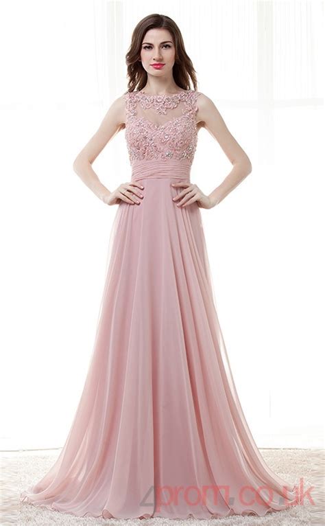 Nude Pink Chiffon Lace Sequined A Line Bateau Sleeveless Prom Dress Jt