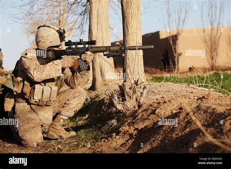 A Us Marine Aims A Designated Marksman Rifle During A Combat