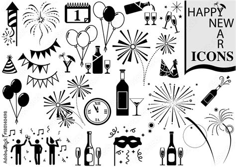 Happy New Year Icon Collection Black And White Design Elements For