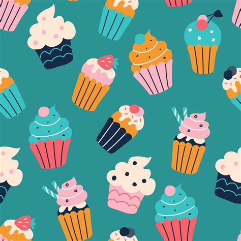A Set Of Bright Colorful Cupcakes In The Style Of Flat Doodles Vector