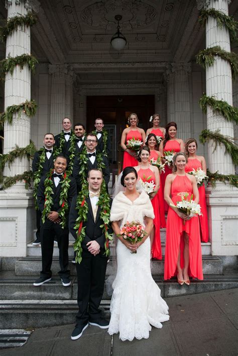 Couple With Black And Coral Wedding Party