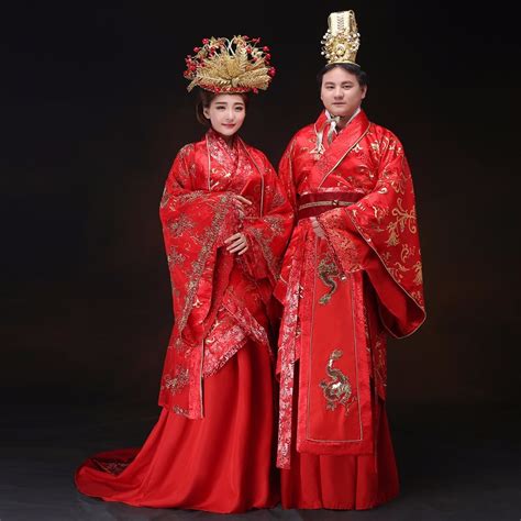 Chinese Style Wedding Groom Bride Red Hanfu Dress Costume Show Emperor