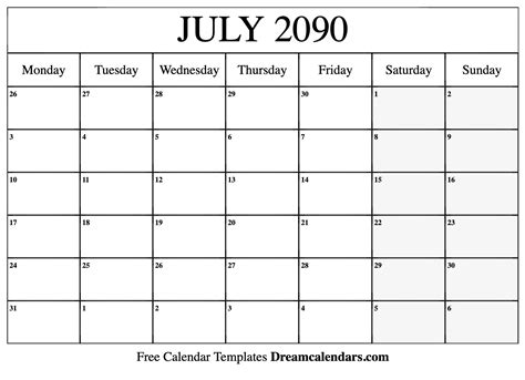 July 2090 Calendar Free Blank Printable With Holidays