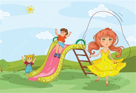 Kids Playing In The Park Vector Illustration Background Background