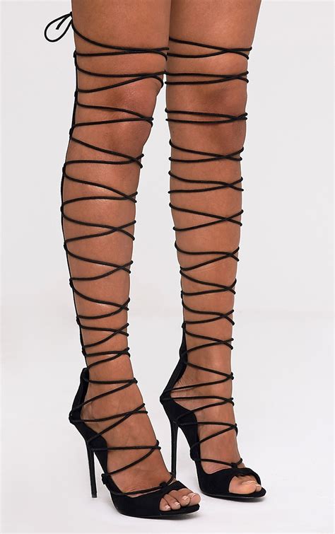 colleen black thigh high lace up heeled sandals high heels prettylittlething
