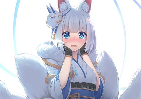 Blue Eyes Anime Fox Girl Cute White Hair Animal Ear Kimono Shy