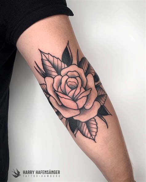 Black Traditional Old School Rose Elbow Tattoo Elbow Tattoos Rose