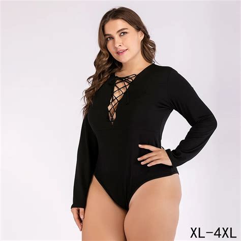 Plus Size Bodysuit Women Long Sleeve Solid Skinny Big Sizes Bodysuit Sexy Lace Up Deep V Neck