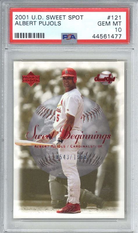 Attributes include four perfectly sharp corners, sharp focus. Lot Detail - Albert Pujols 2001 Upper Deck Sweet Spot #121 /1500 Rookie Card (PSA Graded GEM ...