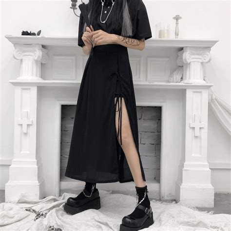 Itgirl Shop Black Goth Aesthetic Irregular Long Skirt