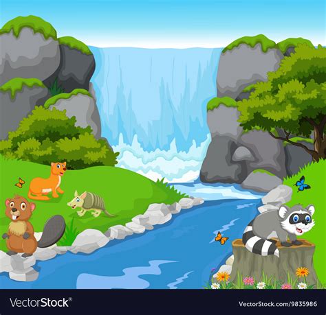 Funny Animal With Waterfall Landscape Background Vector Image