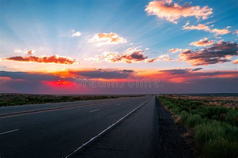 Empty Highway Asphalt Road And Beautiful Sky Sunset Landscape Stock
