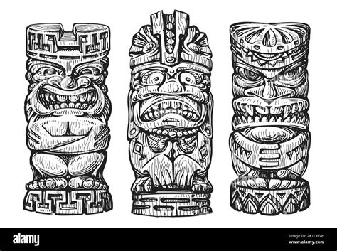 Hawaii Wooden Tiki Masks Sketch Traditional Ethnic Idol Of Hawaiian Or Maori Polynesian Old