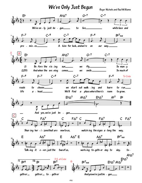 Weve Only Just Begun Lead Sheet With Lyrics Sheet Music For Piano