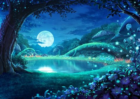Wallpaper Anime Landscape Moonlight Forest Reflection