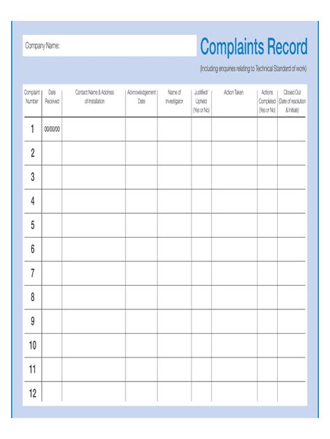 Complaints Record Template Fill Online Printable Fillable Blank