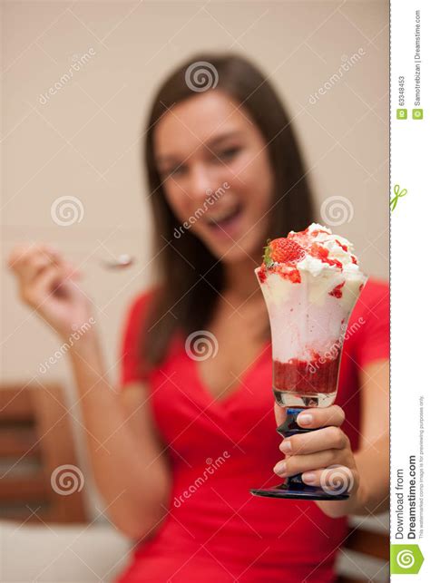 Woman Eats Sweet Strawberry Fruit Salad On A Bench Outdoor In Ba Stock Image Image Of