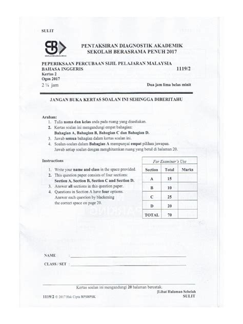 Contoh mid year exam tahun 2 (bahasa inggeris) via www.slideshare.net. Bahasa Inggeris SBP Trial SPM 2017 Paper 2