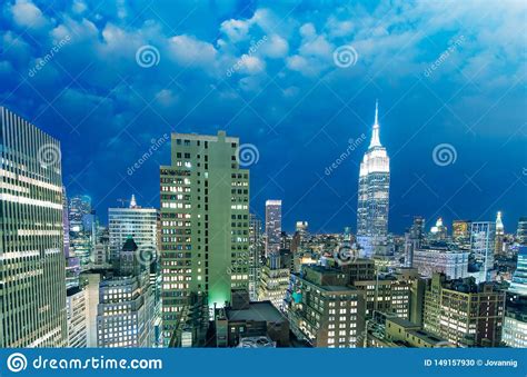 Sunset Aerial View Of Midtown Manhattan Skyline From A New York City