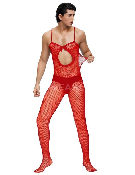 Sexy Red Crocheted Fishnet Bodystockings For Men Ohyeahlady