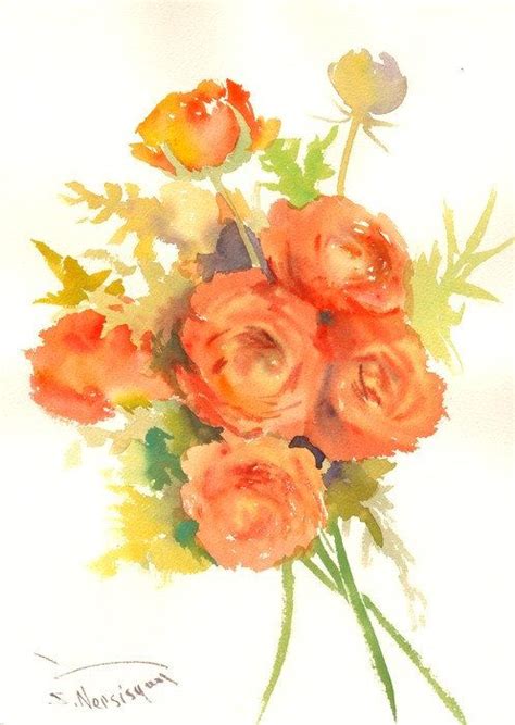 Orange Flowers Art Ranunculus Buttercups Original Watercolor Etsy