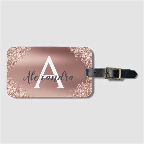 Rose Gold Glitter Metal Monogram Name And Initial Luggage Tag Zazzle
