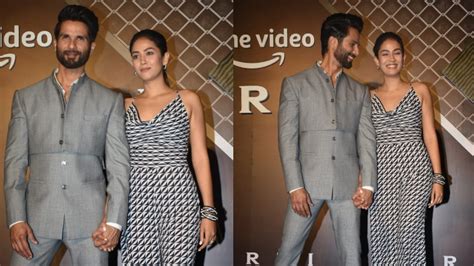 shahid kapoor leaves wife mira rajput blushing as they pose holding hands at farzi screening