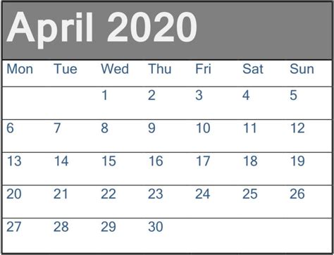 April Calendar 2020 Vertical Design