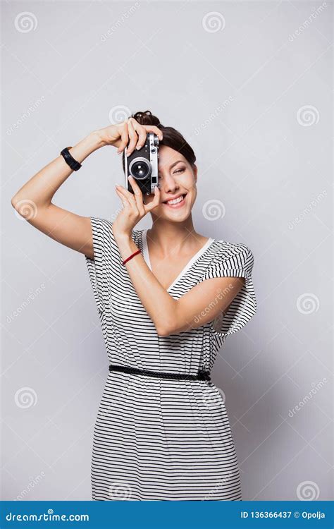 Woman Photographer Takes Photos Isolated On White Stock Image Image