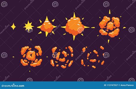 Sprite Sheet Of A Flat Explosion Animation For Cartoon Or Game Stock
