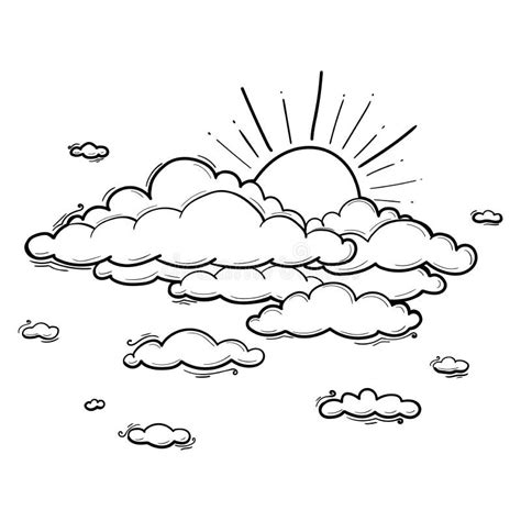 sun and cloud drawing in engraving outline style vector illustration stock vector