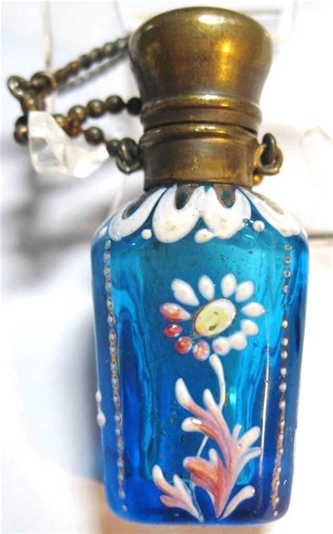 Victorian 1800s Moser Bohemian Blue Glass Floral Enamel Chatelaine Scent Perfume Bottle Brass