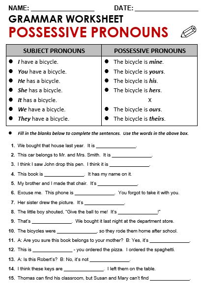 Possessive Pronouns Worksheet For Class
