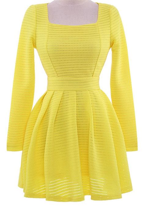 Yellow Long Sleeve Hollow Zip Flare Dress 2068161