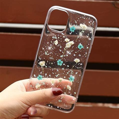 l fadnut for iphone 11 pro max case clear cute dried real flowers with sparkle glitter stars
