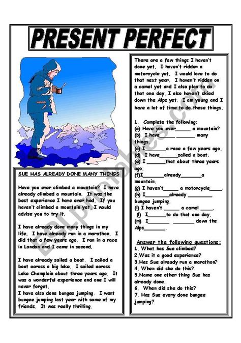 This Worksheet Contains A Story In The Present Perfect It Contains