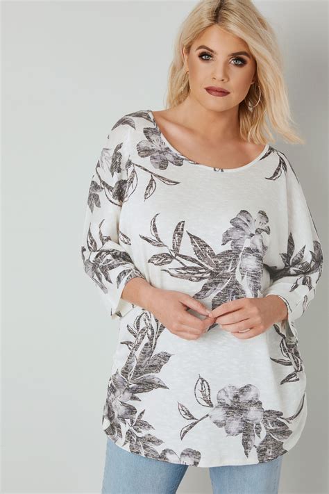 Ivory Grey Floral Print Top With Ruched Sides Plus Size To