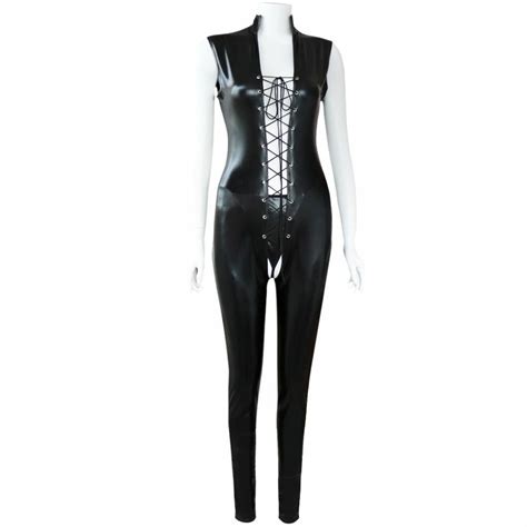 Sexy Womens Faux Leather Crotchless Catsuit Jumpsuit Fetish Gothic