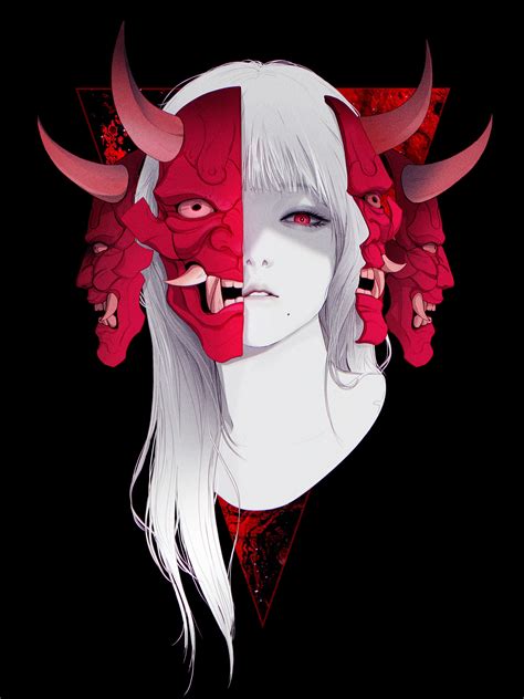 Gharliera Anime Girls Anime Horns Demon Horns Mask Red Eyes Black Background Wallpaper