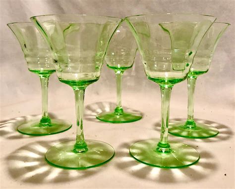 Vintage Green Vaseline Uranium Depression Glass Wine Cocktail Glasses