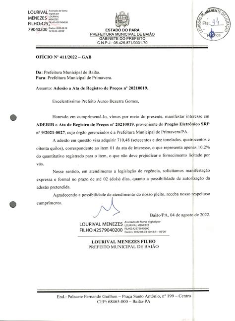 SolicitaÇÃo Ao OrgÃo Gerenciador Da Ata Prefeitura Municipal De Baião