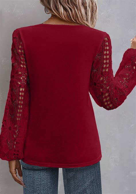 Wine Red Lace Long Sleeve Asymmetrical Neck Blouse Usd