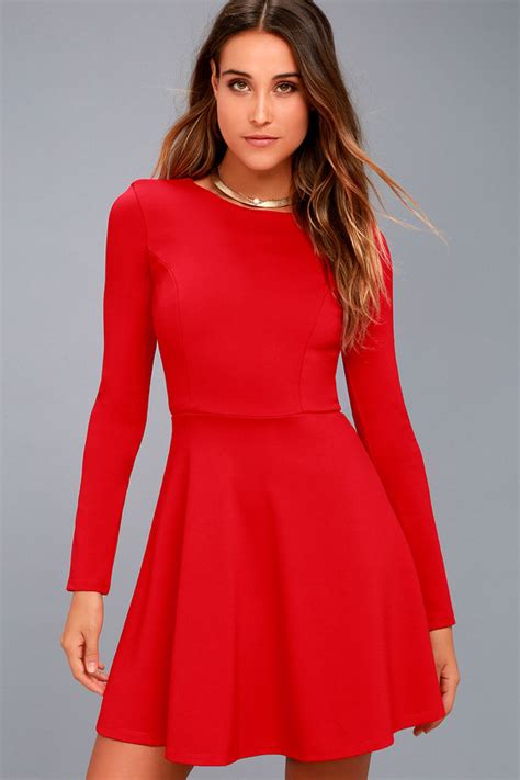Cute Red Dress Long Sleeve Dress Skater Dress 5700