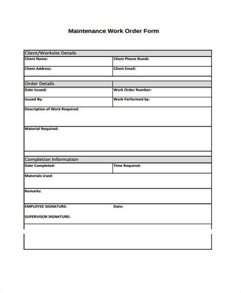 maintenance work order form sample  sample
