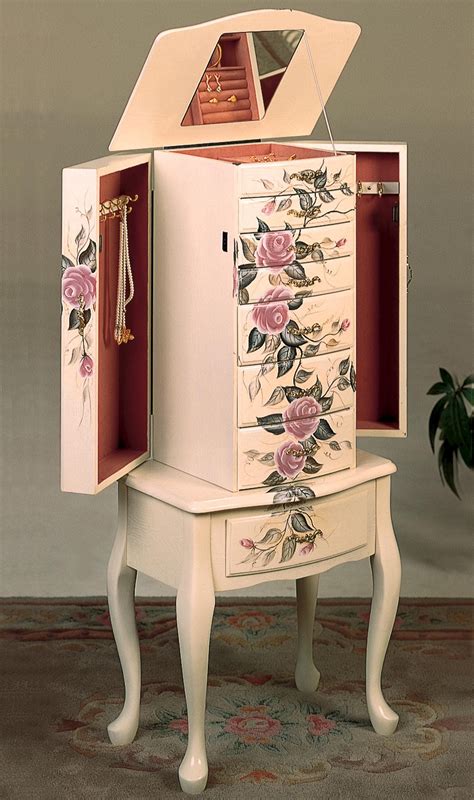 Coaster Jewelry Armoire Ivory Finish Wood With Hand Painted Roses