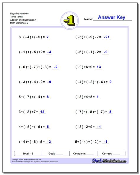 7th Grade Adding And Subtraction Of Integers Worksheet With Answers