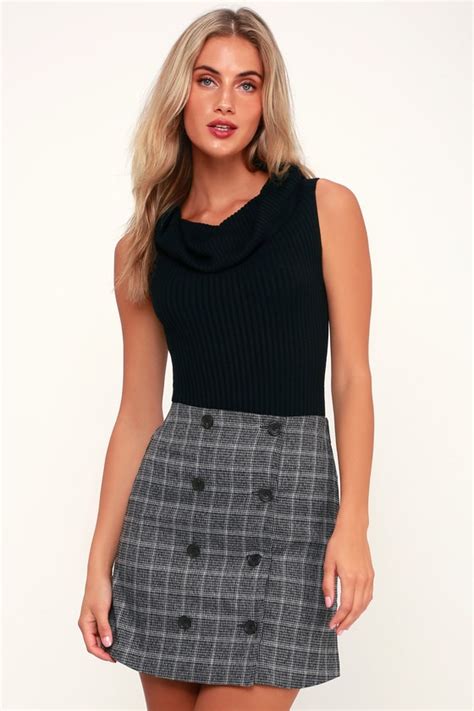 Chic Charcoal Grey Skirt Plaid Skirt Button Up Mini Skirt Lulus