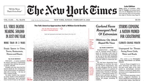 New York Times Depicts Total Covid Death Toll on Front Page - The New ...