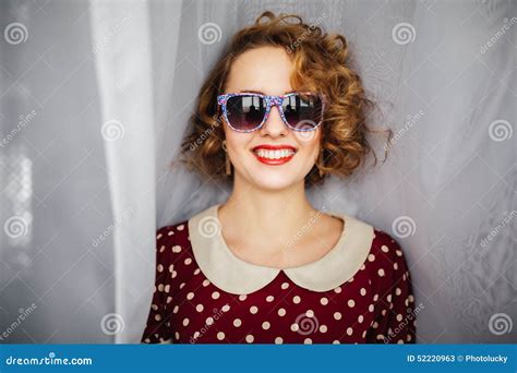 Portrait Of Beautiful Girl With Red Lips And Retro Sunglasses Stock Image Image Of Gorgeous